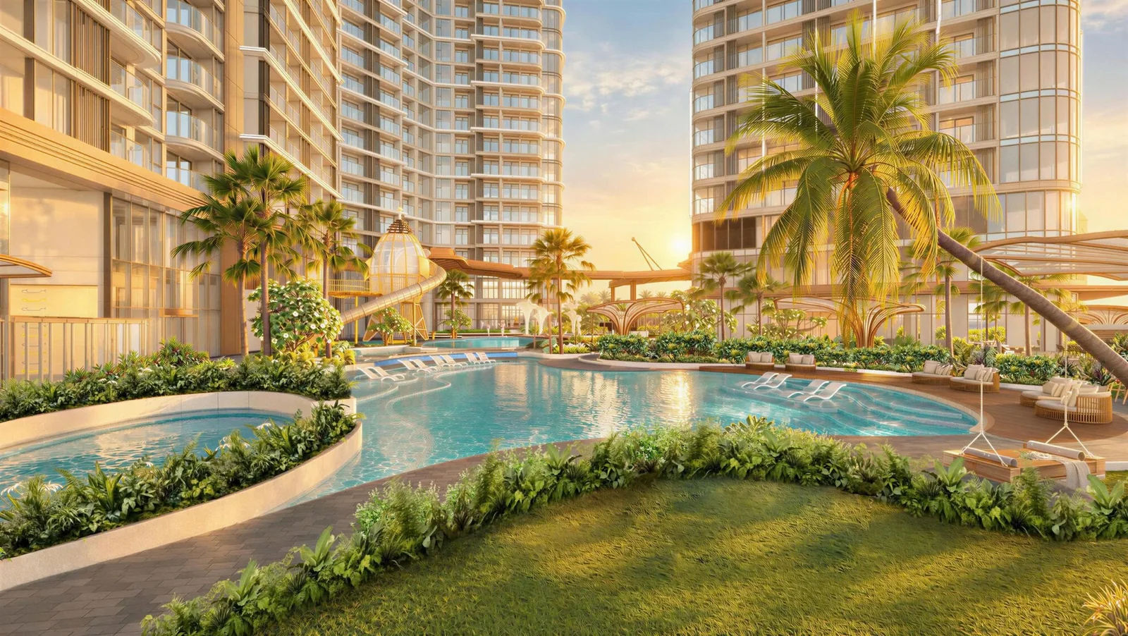 Không gian hồ bơi, cảnh quan và khu vườn tại khối đế